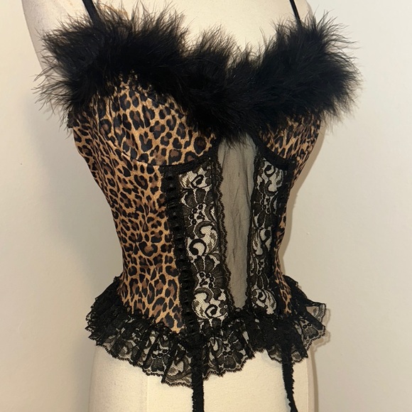 Vintage 80s leopard nylon and feather Chemise
 with garters M - Picture 1 of 8